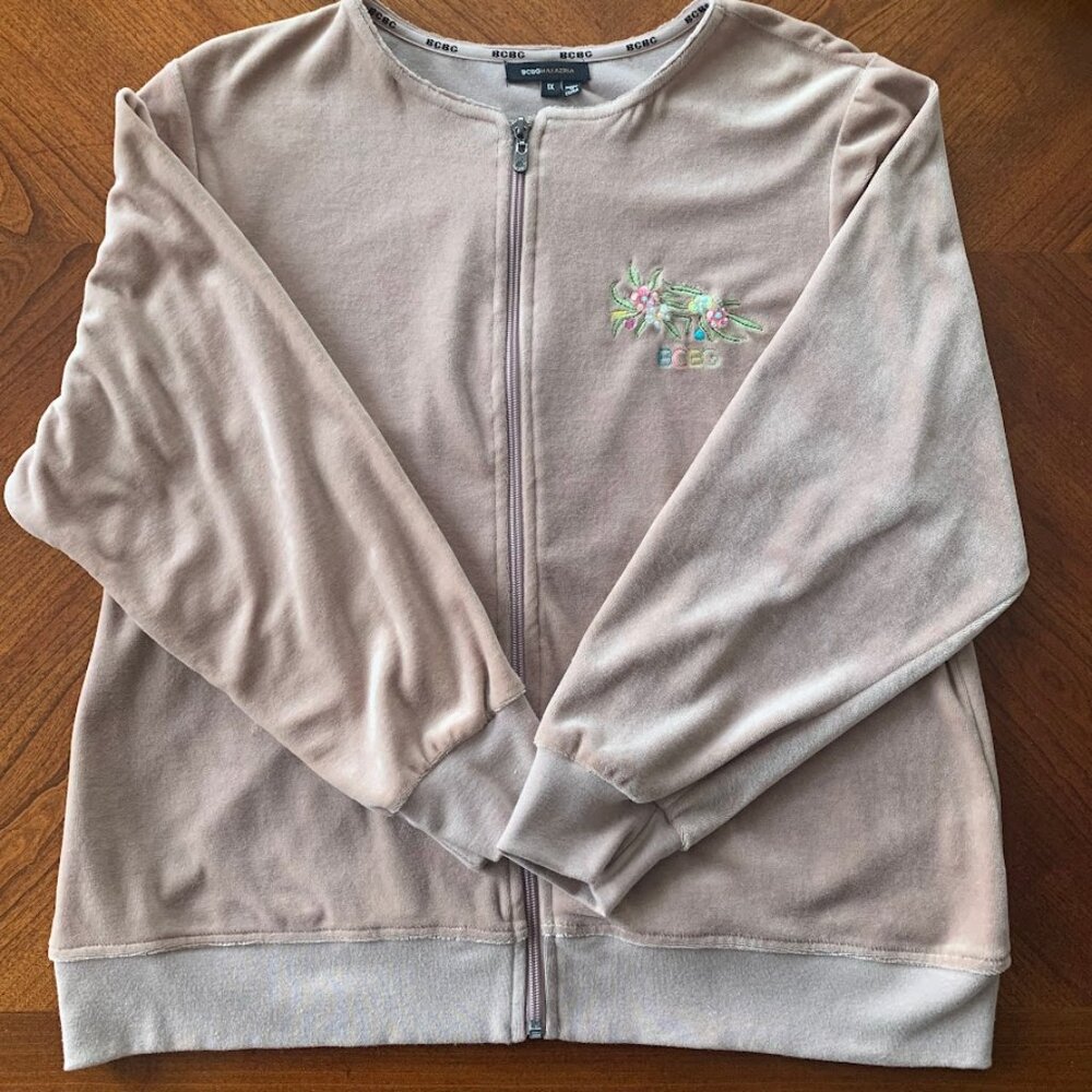 BCBG MaxAzria Women's Velour‎ Full Zip Jacket Tracksuit Peacock Embroidery Beads